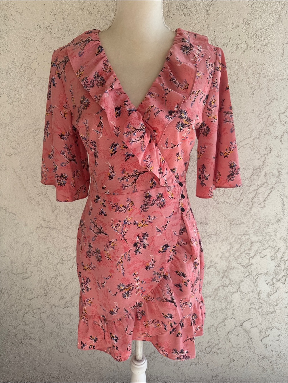 Topshop tea time Pink Floral Ruffle Wrap Dress size 6